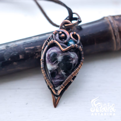 Fantasy fairy charoite necklace. Heart wire wrapped pendant