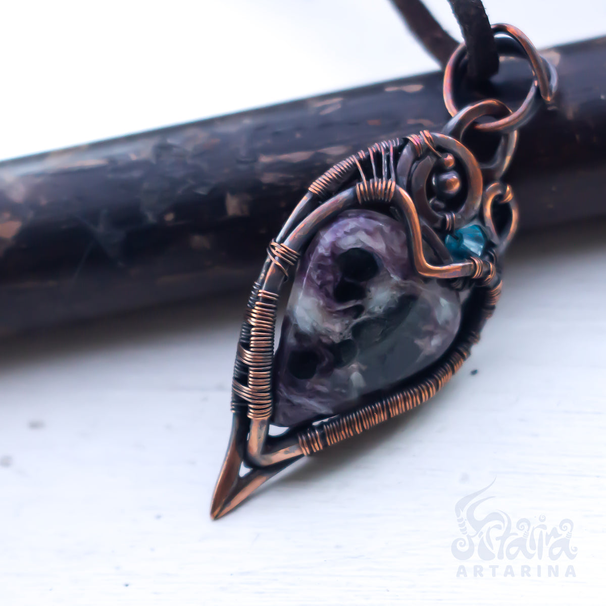 Fantasy fairy charoite necklace. Heart wire wrapped pendant