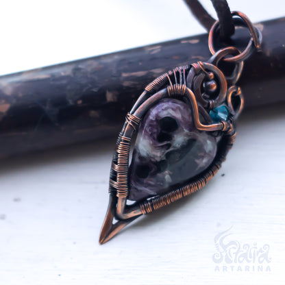Fantasy fairy charoite necklace. Heart wire wrapped pendant