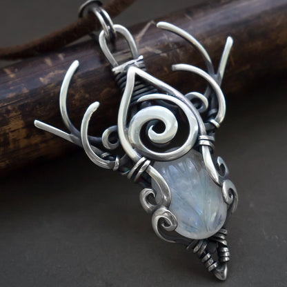 Astral moonstone necklace, silver shamanic totem, Symbolic adornments protection amulet for wizard