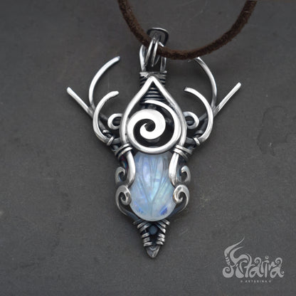 Astral moonstone necklace, silver shamanic totem, Symbolic adornments protection amulet for wizard