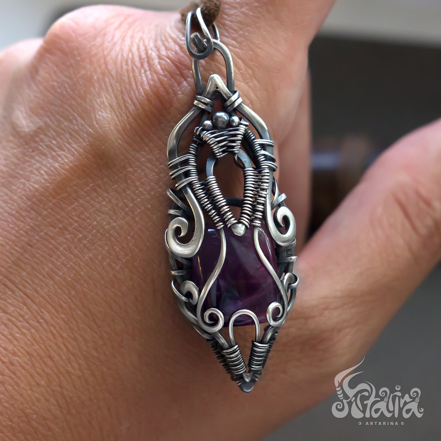 Sterling silver wire pendant with amethyst | Alien necklace Solid silver Heady wire wrapped Sci fi cyberpunk Unique exclusive jewelry