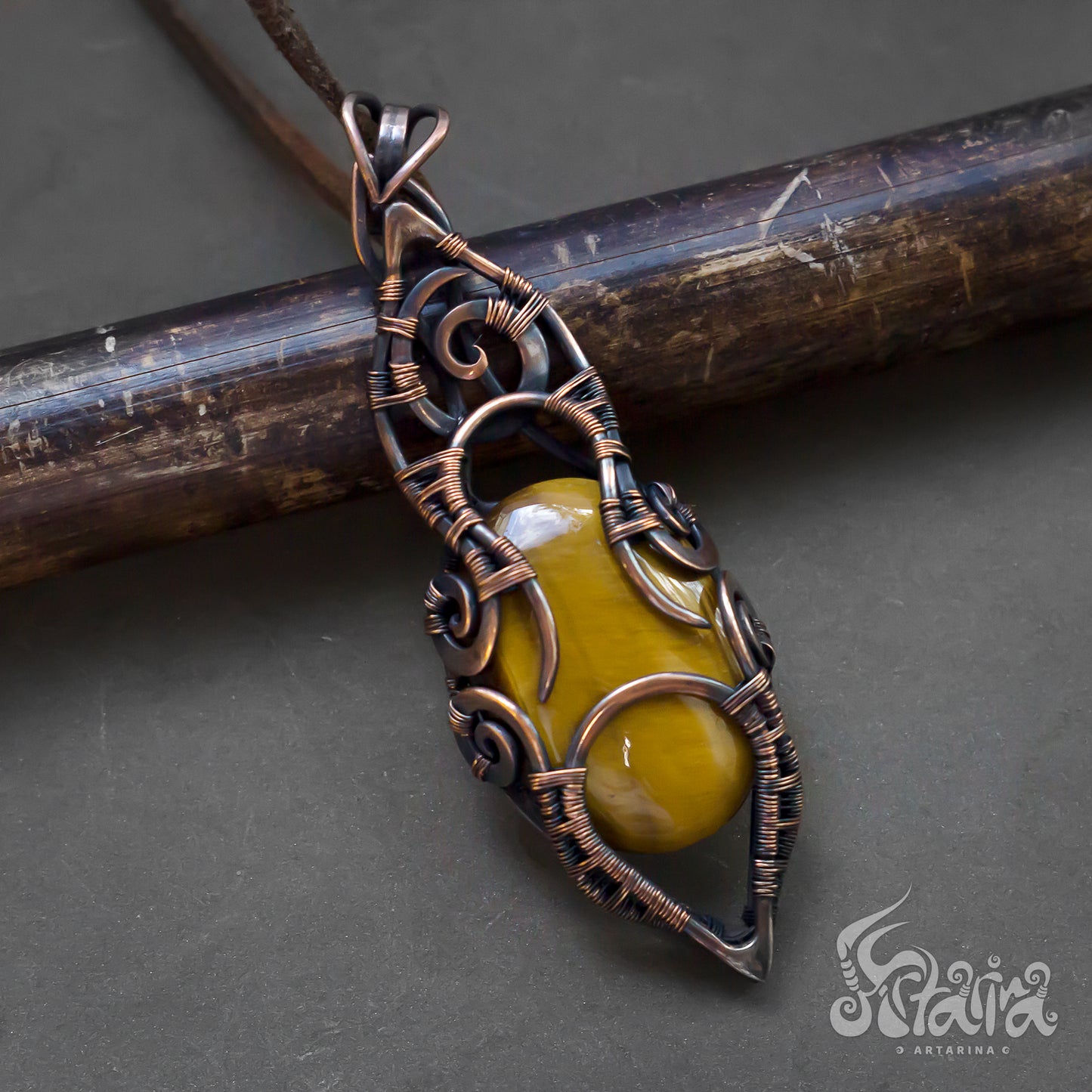Unique tiger eye necklace | Copper handmade wire jewelry | Yellow stome tiger's eye hand made unique pendant | Artarina