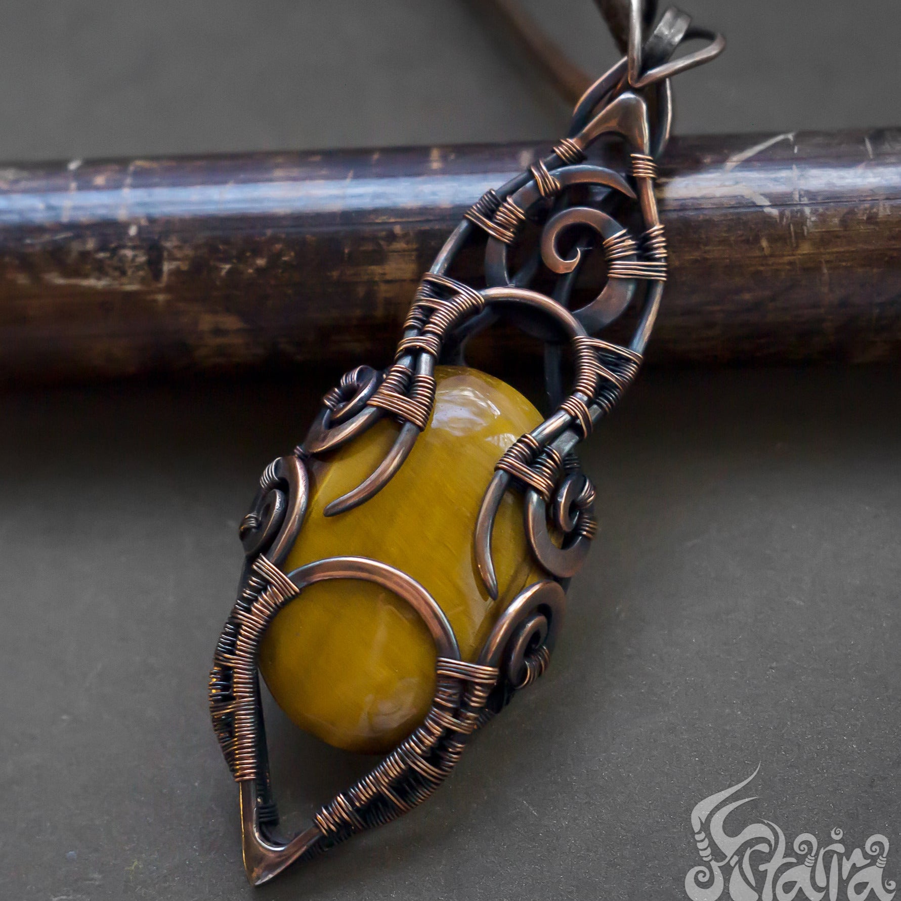 Unique tiger eye necklace | Copper handmade wire jewelry | Yellow stome tiger's eye hand made unique pendant | Artarina