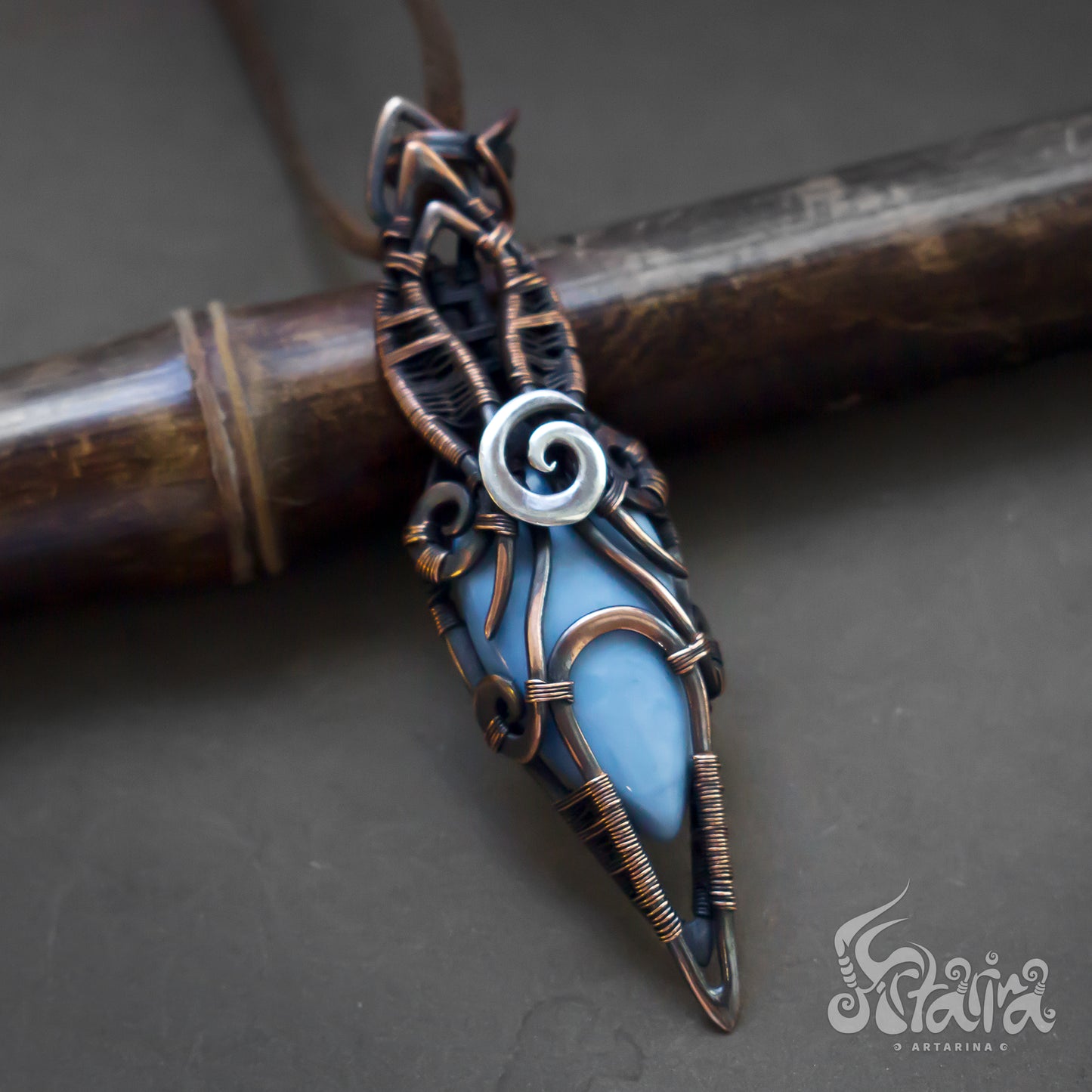 Wire wrapped pendant. Blue peruvian opal mix metals copper and silver spiral Wirework necklace