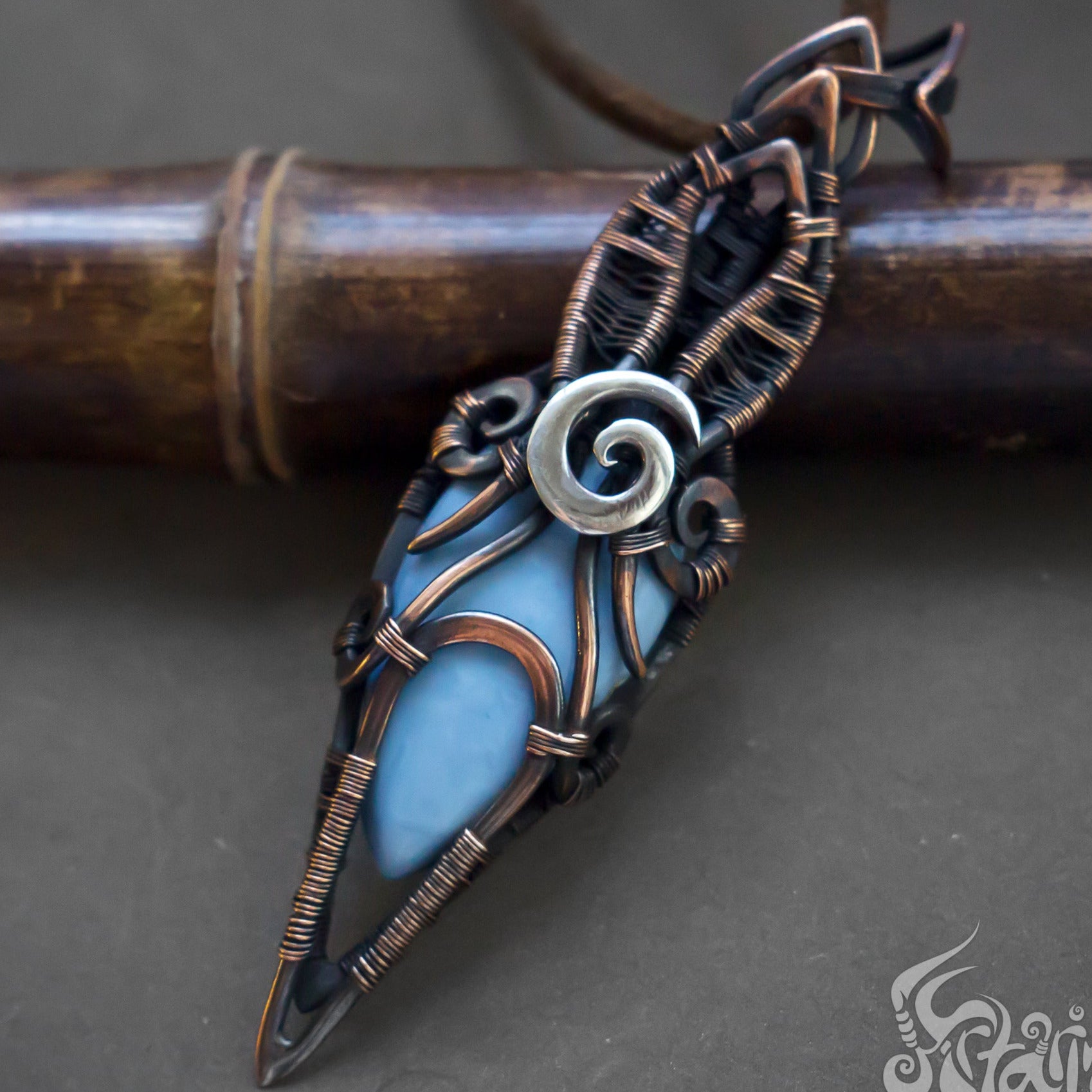 Wire wrapped pendant. Blue peruvian opal mix metals copper and silver spiral Wirework necklace