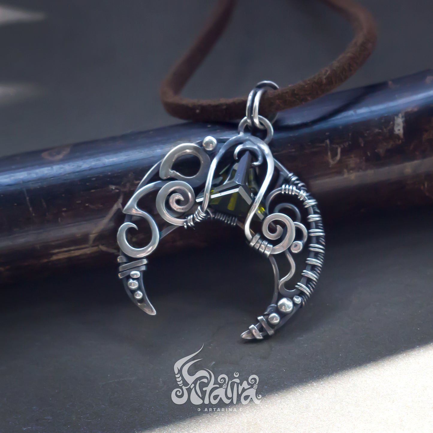 Silver filigree wire crescent moon pendant | Fairy green stone silver moon necklace | Tiny thin moon silver jewelry