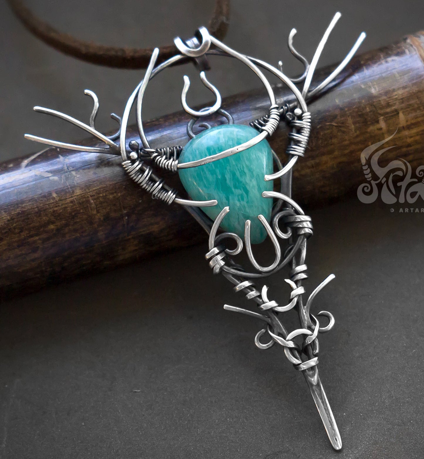 Sterling silver wire necklace with blue amazonite stone