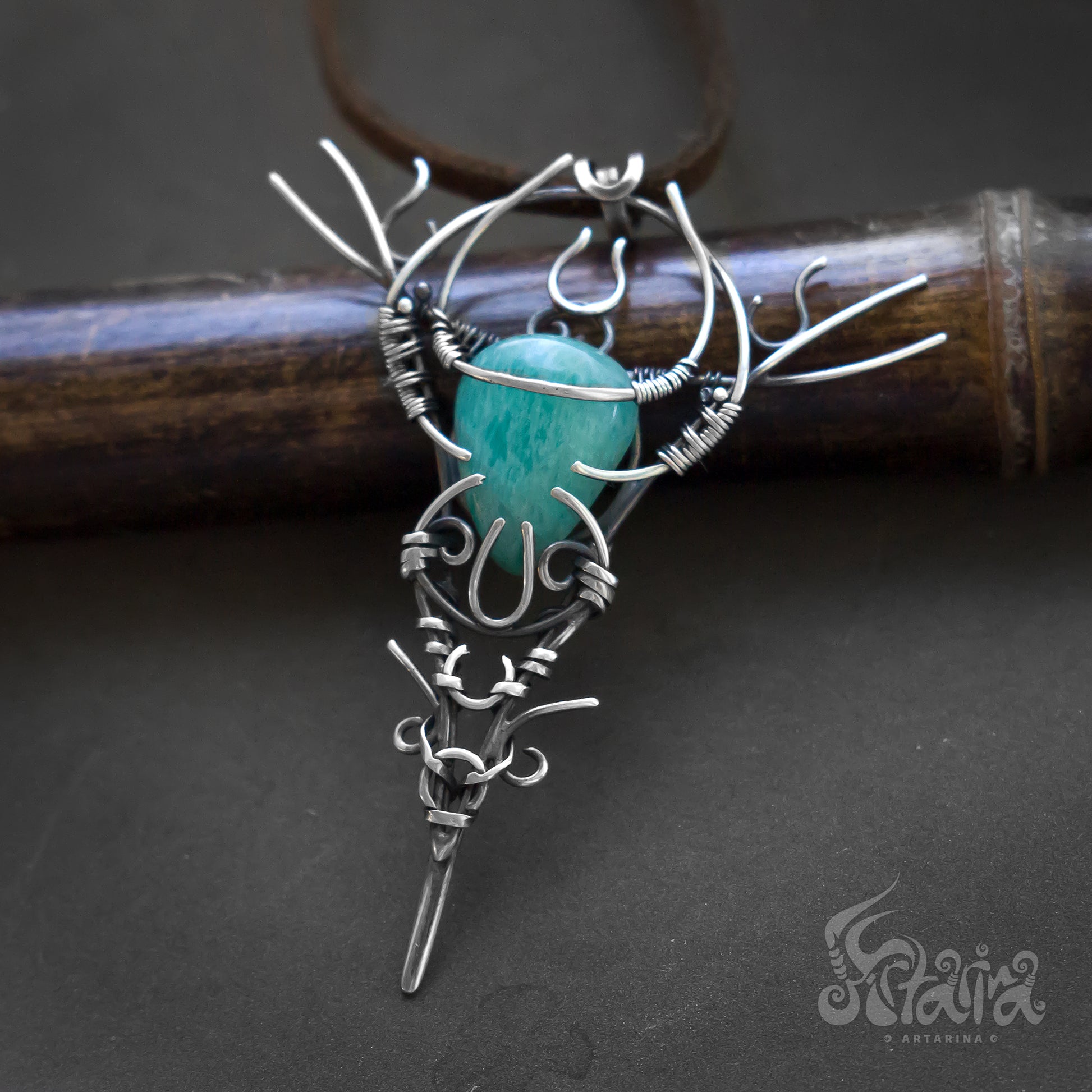 Sterling silver wire necklace with blue amazonite stone