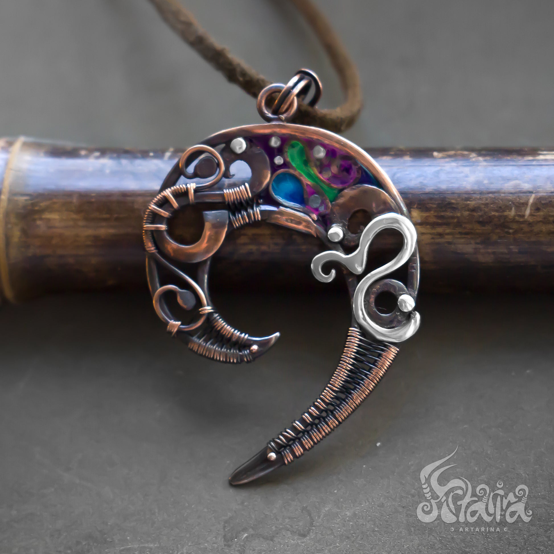 Fantasy spiral shape copper and silver pendant