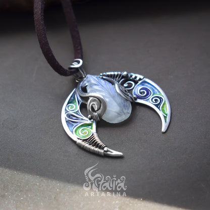 Silver wire enamel magical moon pendant with carved moonstone pic 3