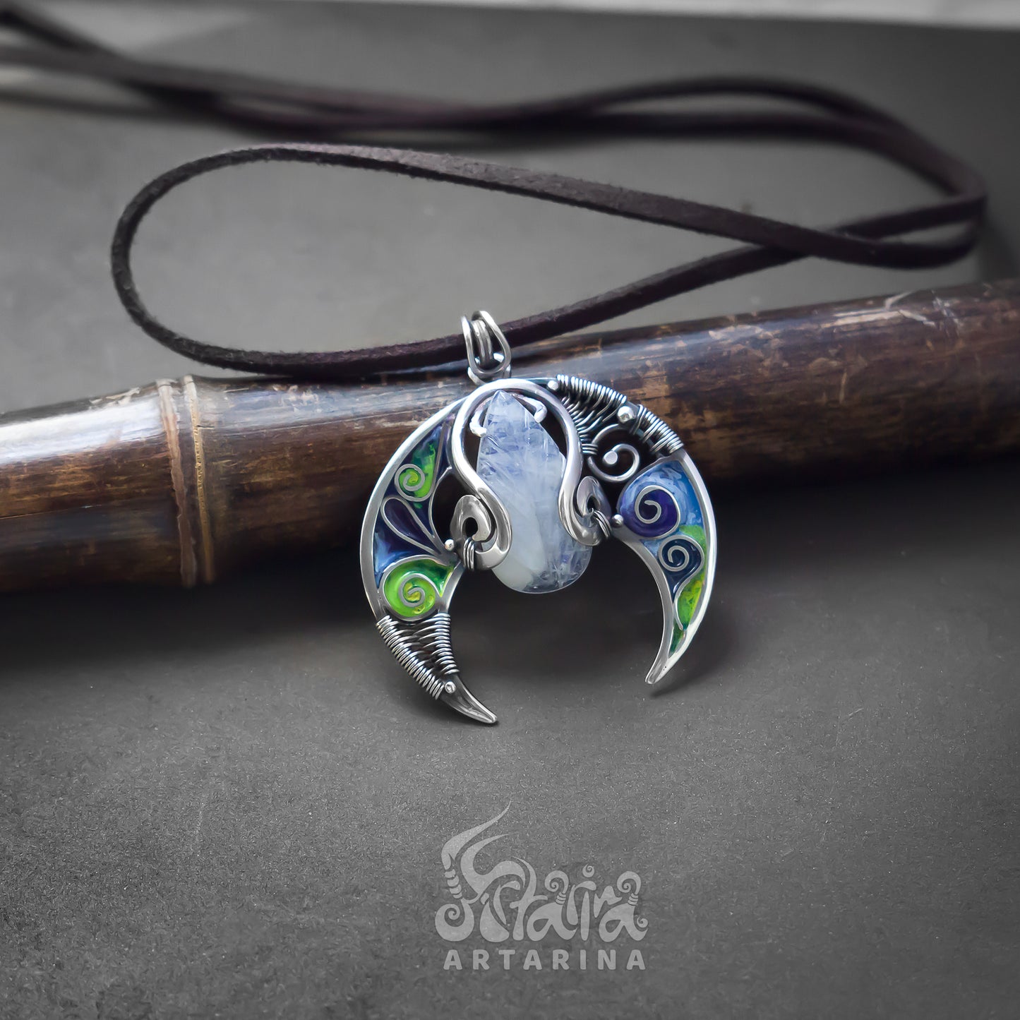 Silver wire enamel magical moon pendant with carved moonstone pic 5