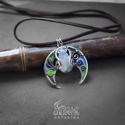 Silver wire enamel magical moon pendant with carved moonstone pic 5