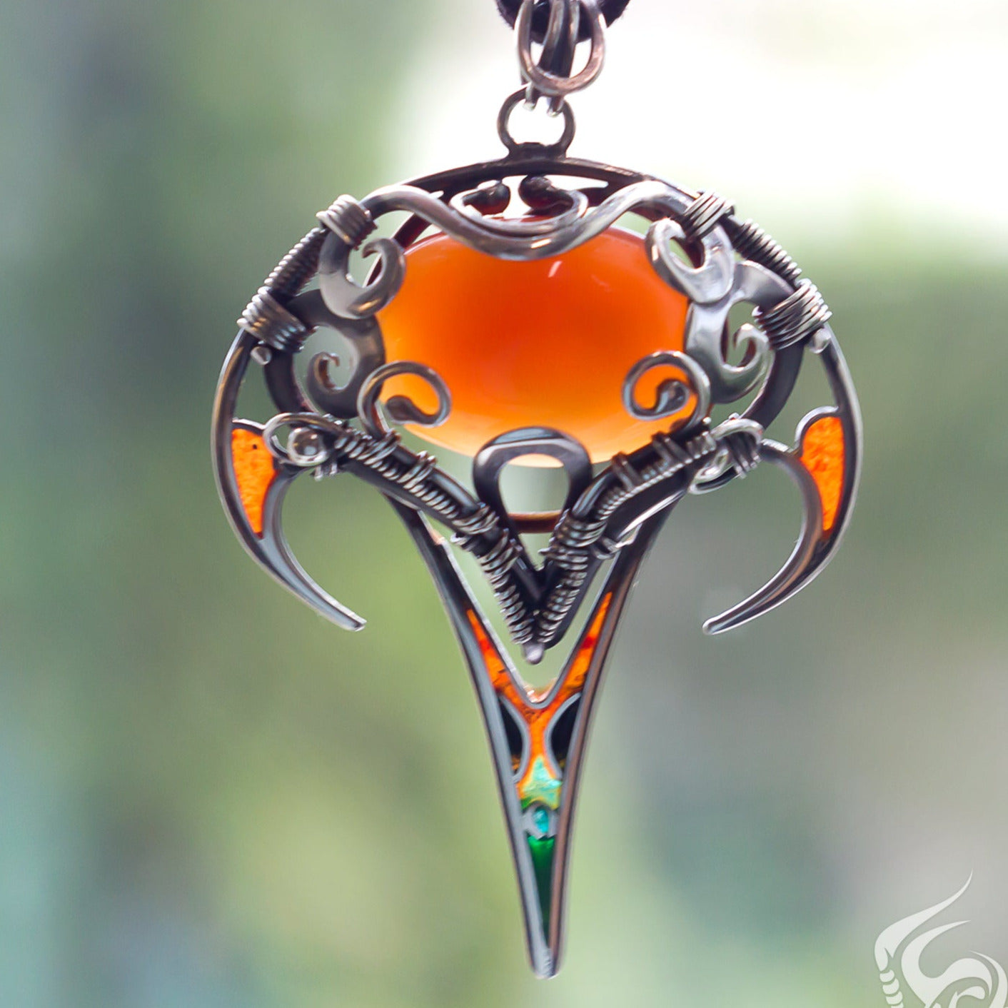 Bright orange carnelian stone sterling silver enamel and wire wrap pendant pic 1