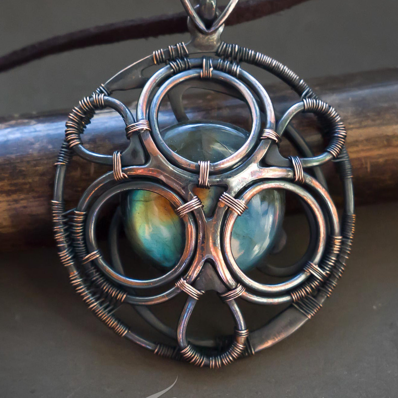 Round steampunk magical labradorite copper pendant