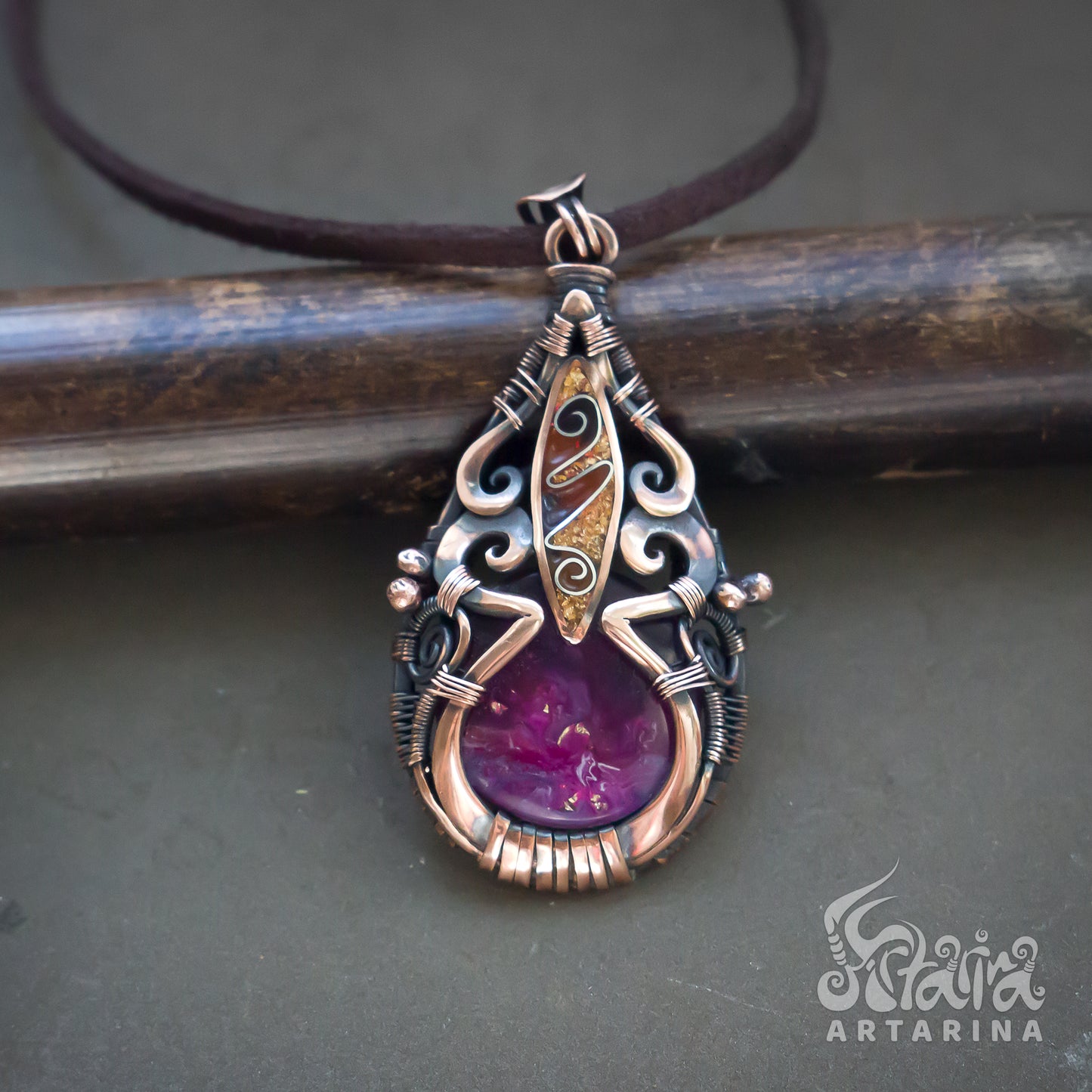 Handmade copper wire wrapped necklace with purple violet colored handcrafted cabochon and enamel.