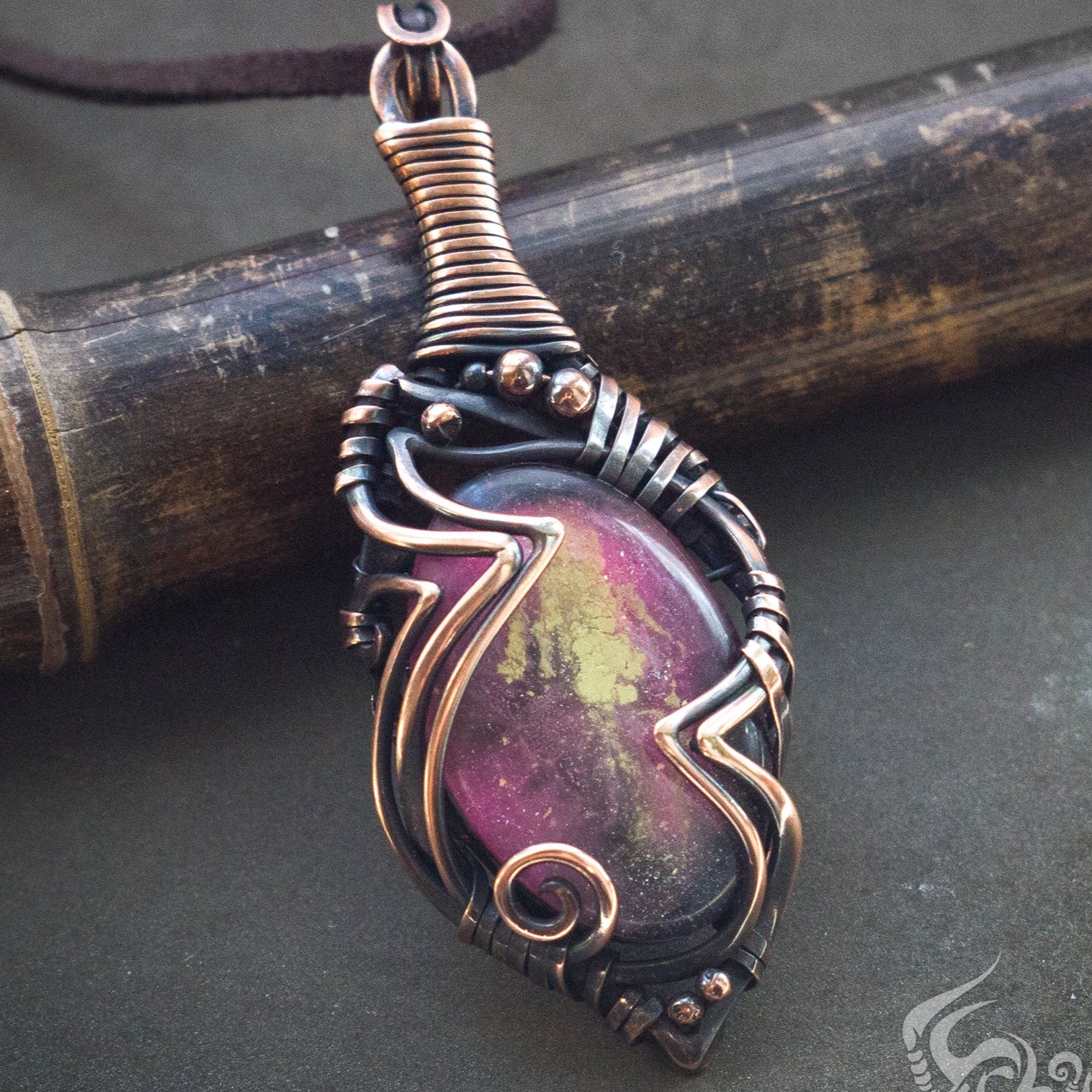 Space cosmic nebula unique handmade necklace made from copper with pink and gold cabochon
