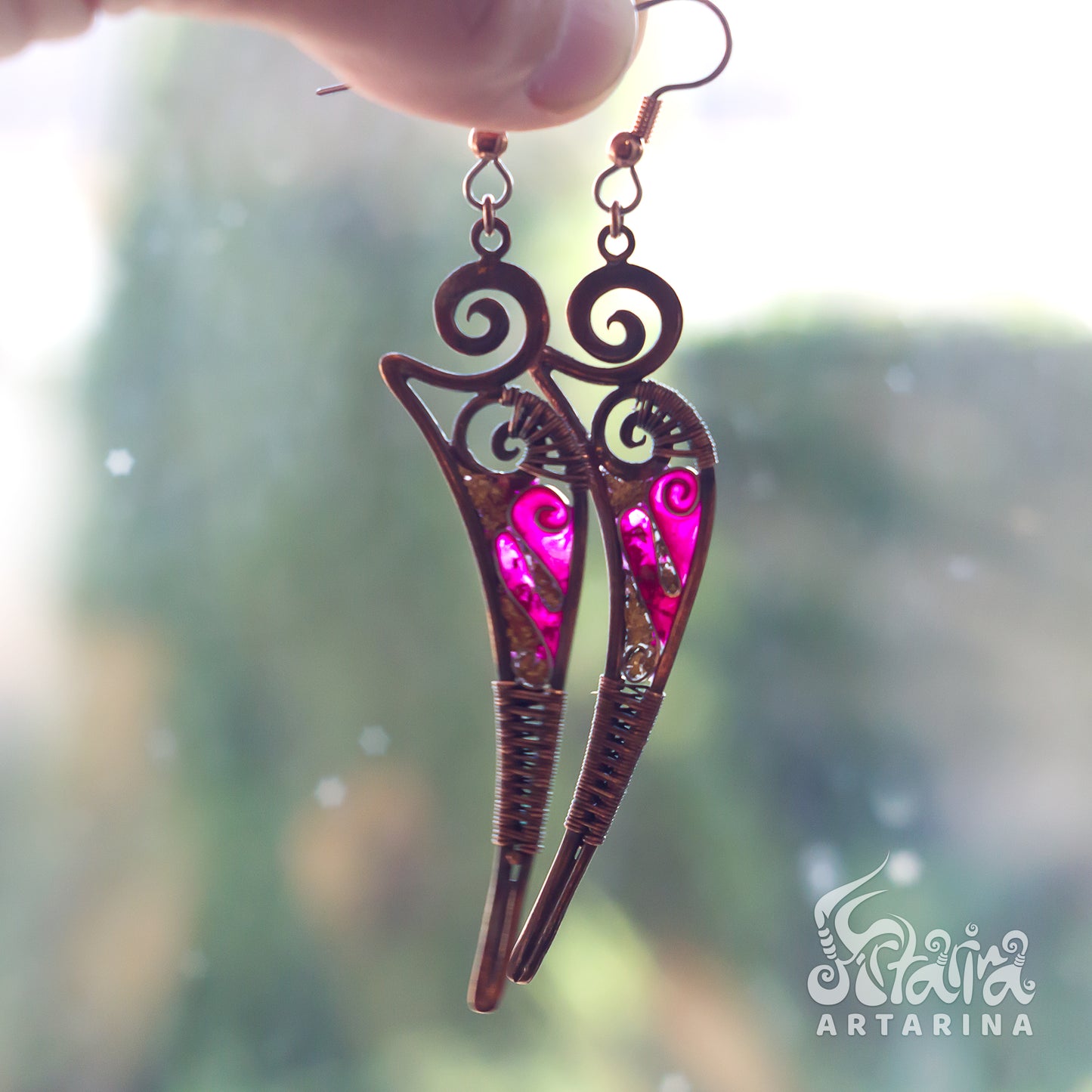Handmade unique copper wire wrapped long earrings with crimson and gold enamel