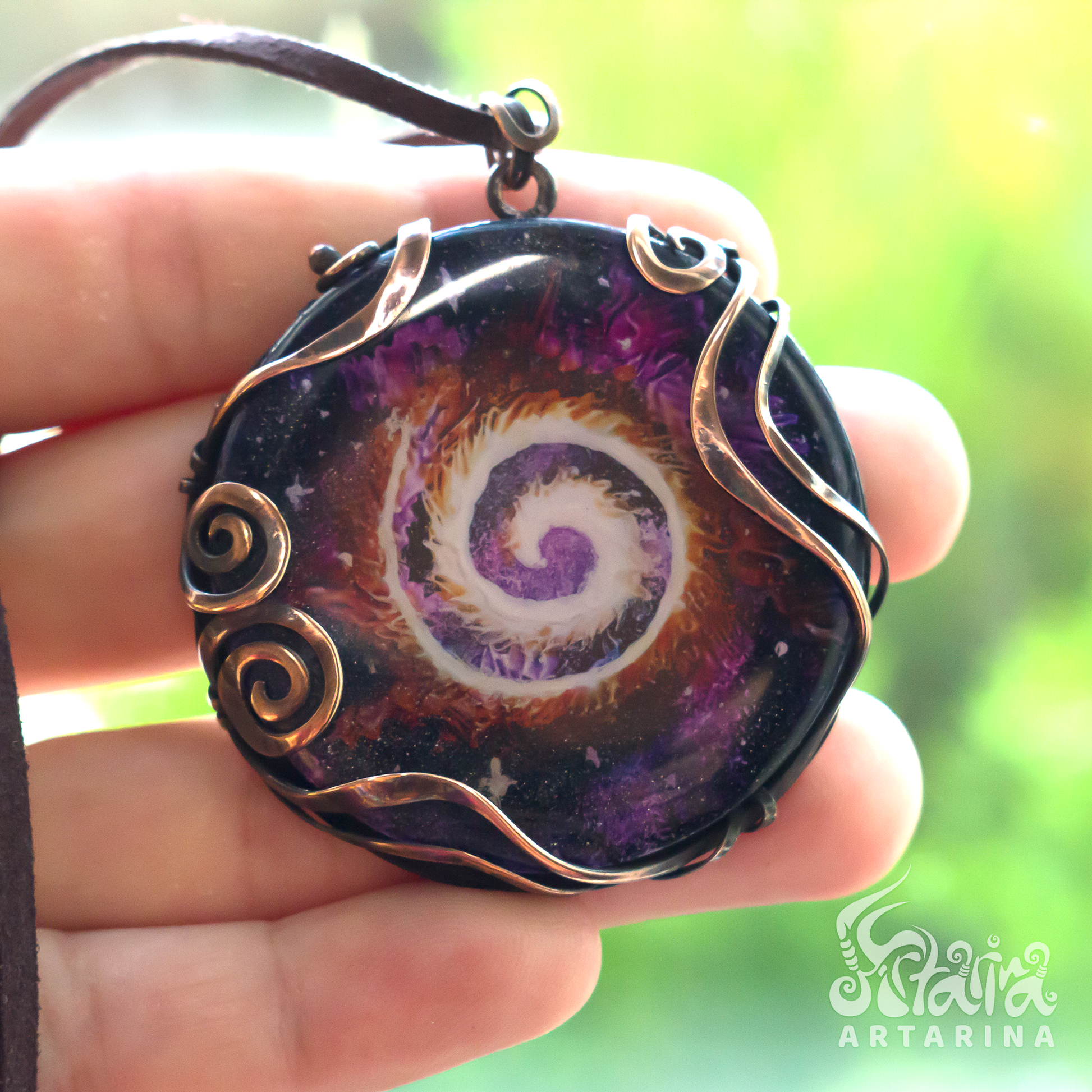 Big large round necklace with hand painted space spiral purple and violet cabochon