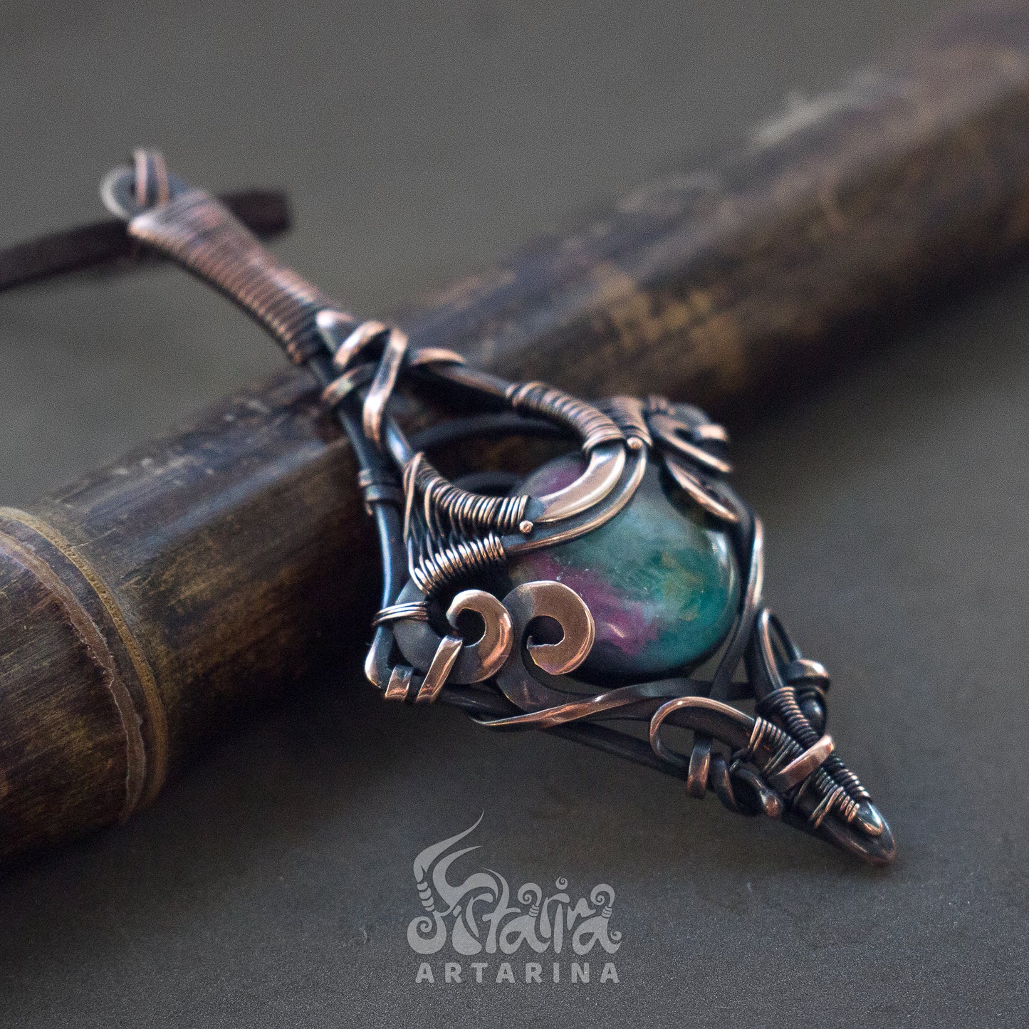 Handmade pure copper wire wrapped necklace with handcrafted space resin cabochon