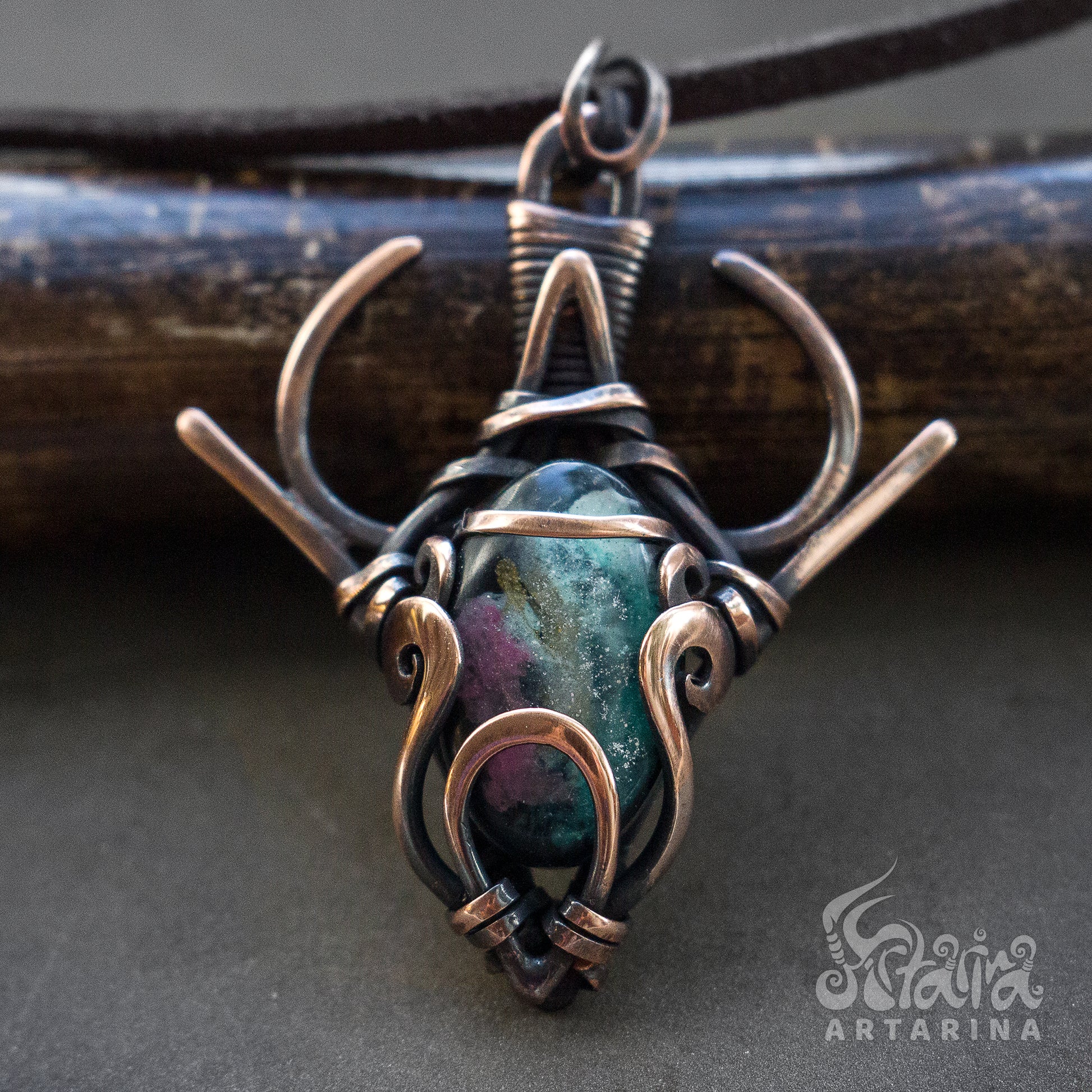 Pure copper wire wrapped necklace with hand painted space resin cabochon pic 1