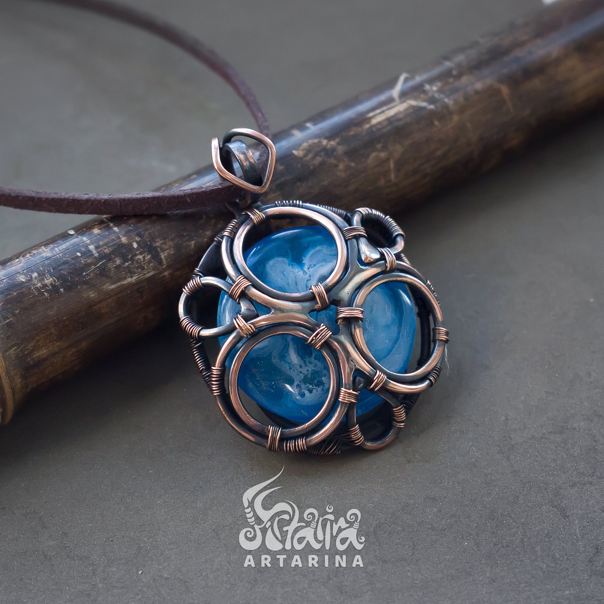 Pure copper wire wrapped necklace with sky blue hand painted cabochon pic 2