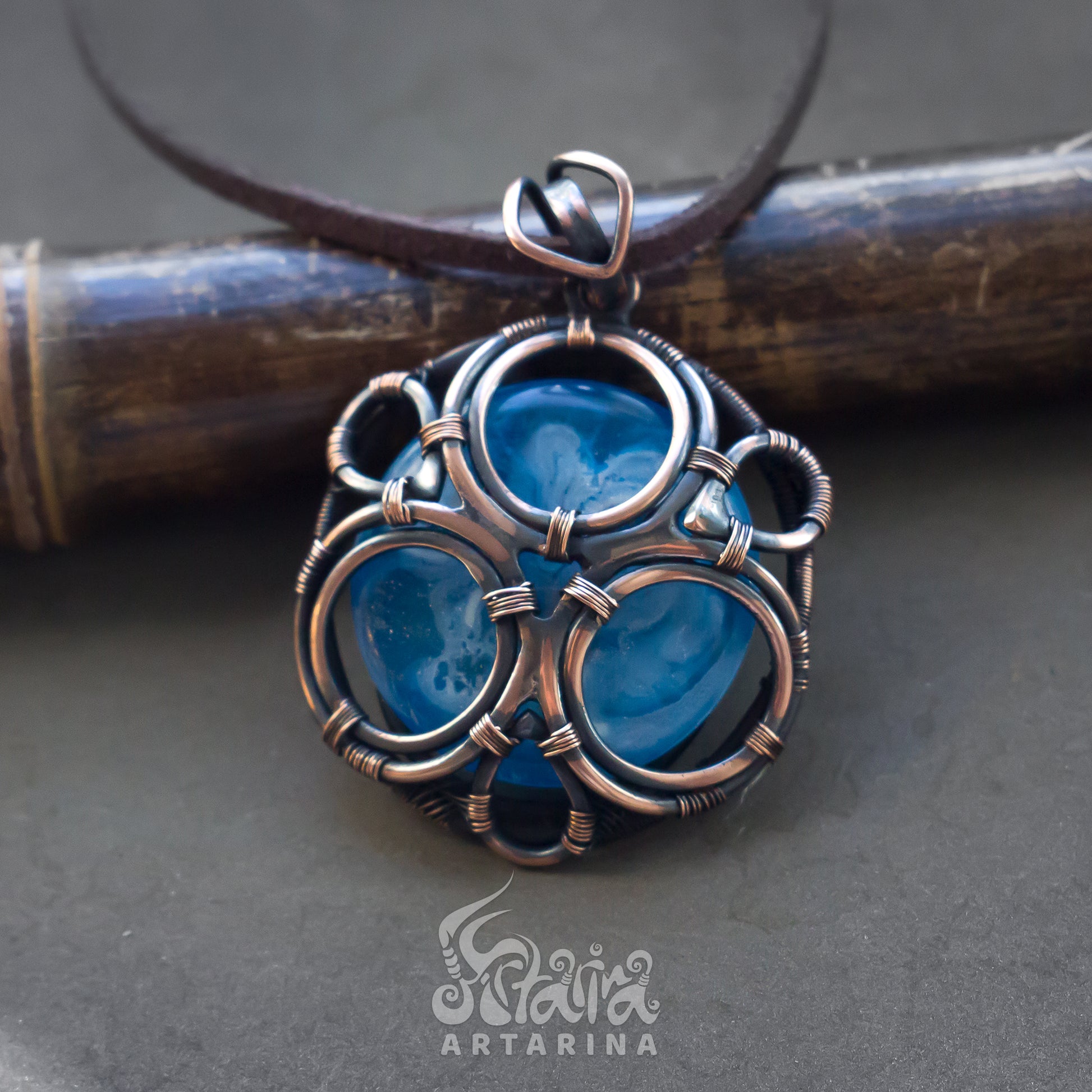 Pure copper wire wrapped necklace with sky blue hand painted cabochon pic 3