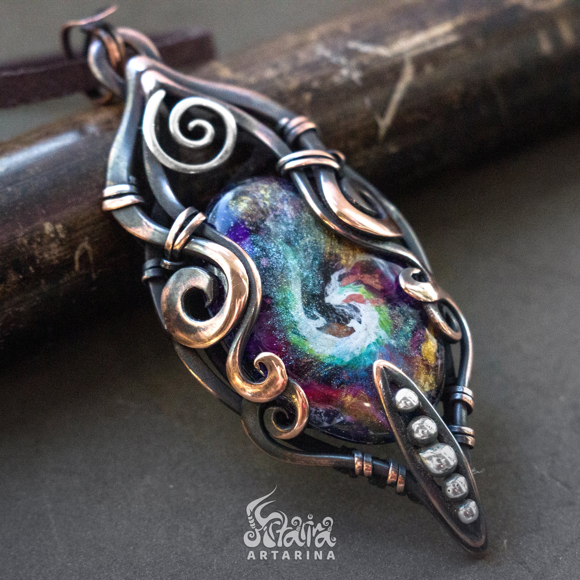 copper wire wrapped dragon necklace with hand painted stone pic 1 
