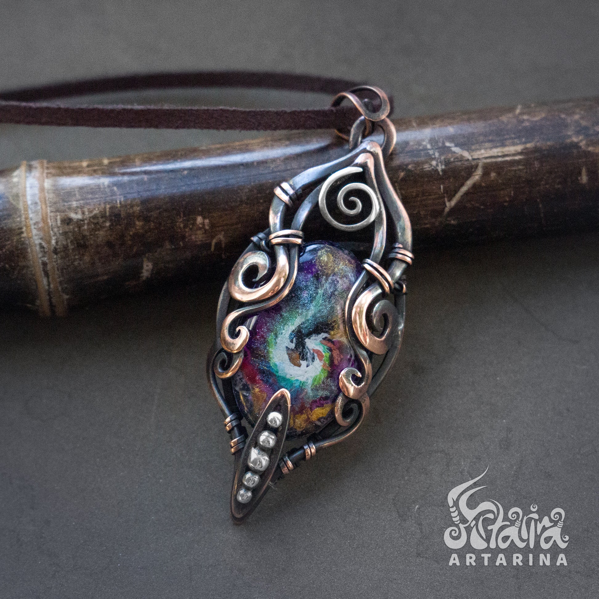 copper wire wrapped dragon necklace with hand painted stone pic 1 4