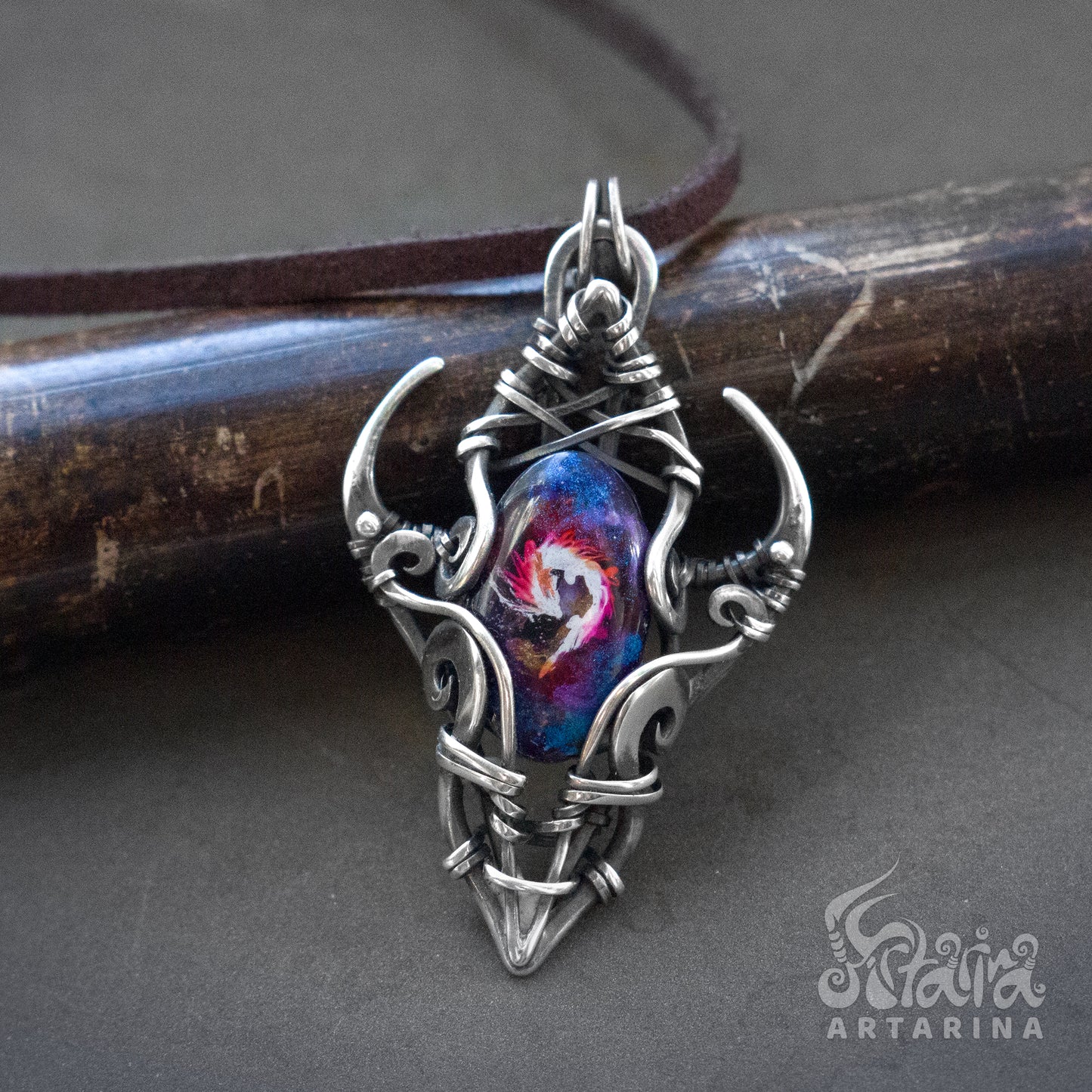 silver wire wrapped dragon pendant with hand painted dragon cabochon pic 2