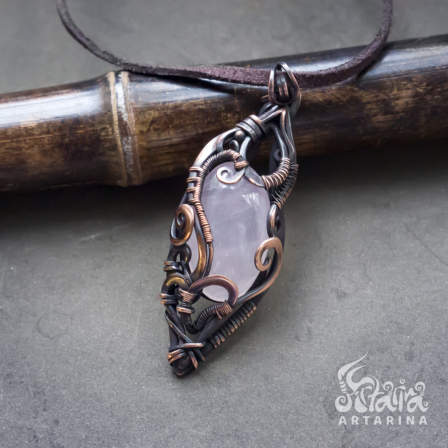 Handmade pure copper wire wrapped necklace with natural rose quarz stone
