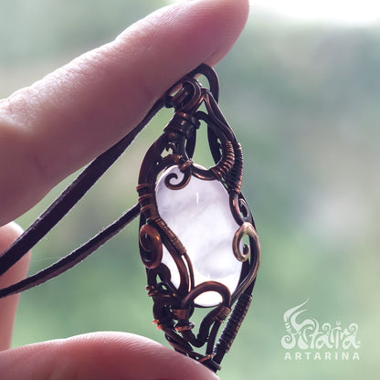 Handmade pure copper wire wrapped necklace with natural rose quarz stone