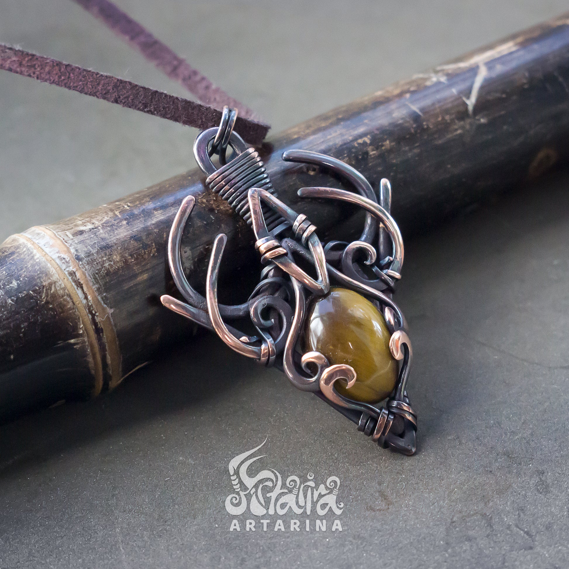 Handmade pure copper wire wrapped necklace with natural tiger's eye stone pic 1