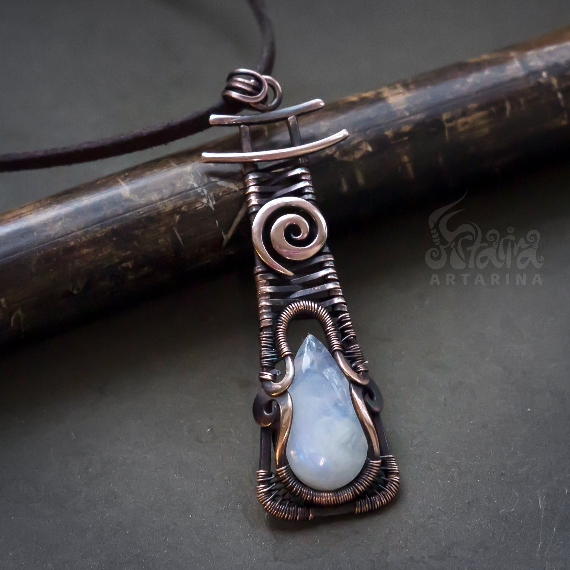 Copper wirework necklace with moonstone pic 1