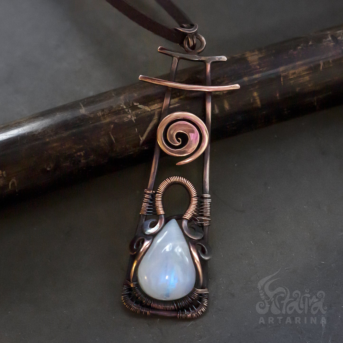 Copper wire wrapped necklace with moonstone