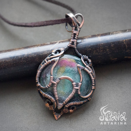 Pure copper wire wrapped necklace with hand painted space cabochon pic 1