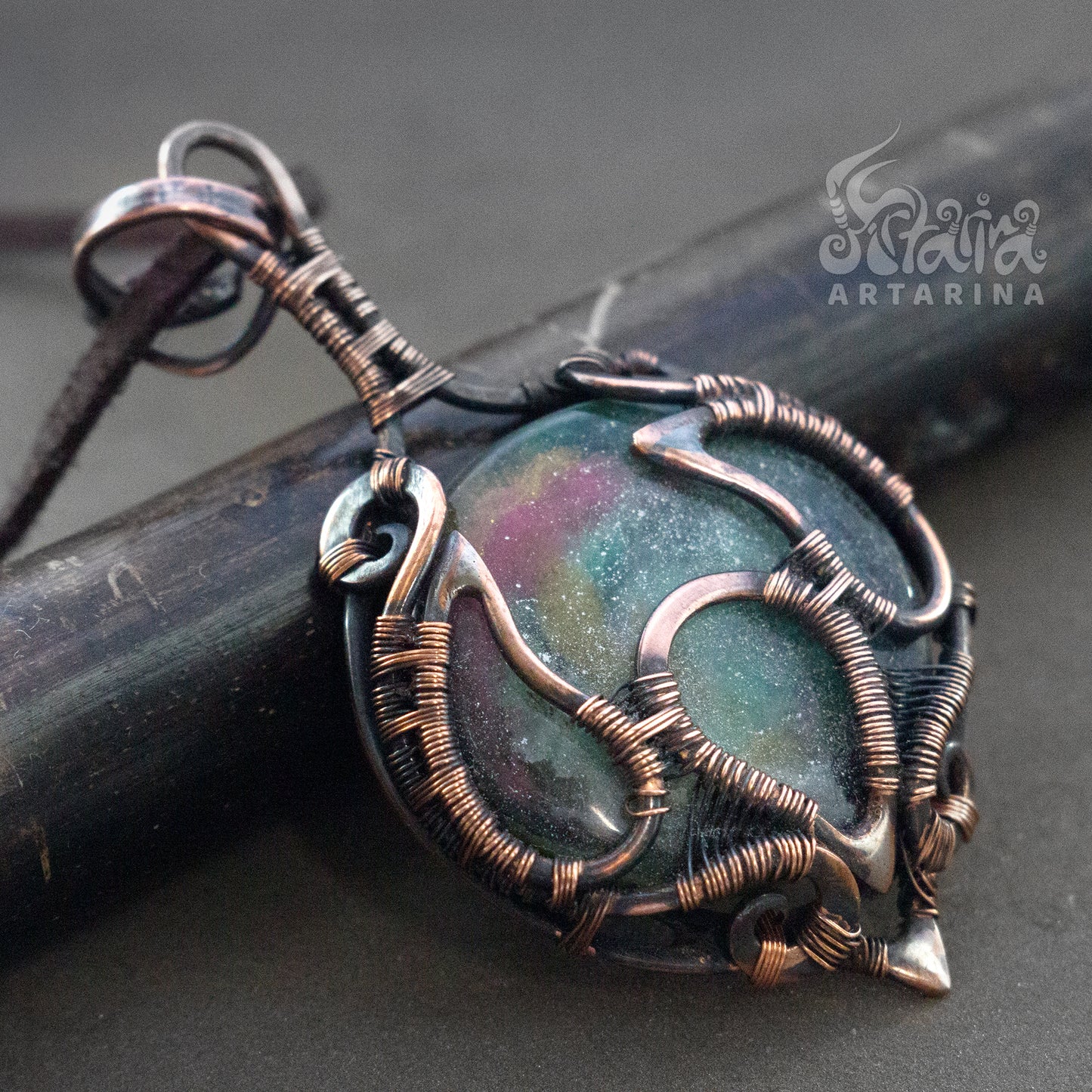 Pure copper wire wrapped necklace with hand painted space cabochon pic2