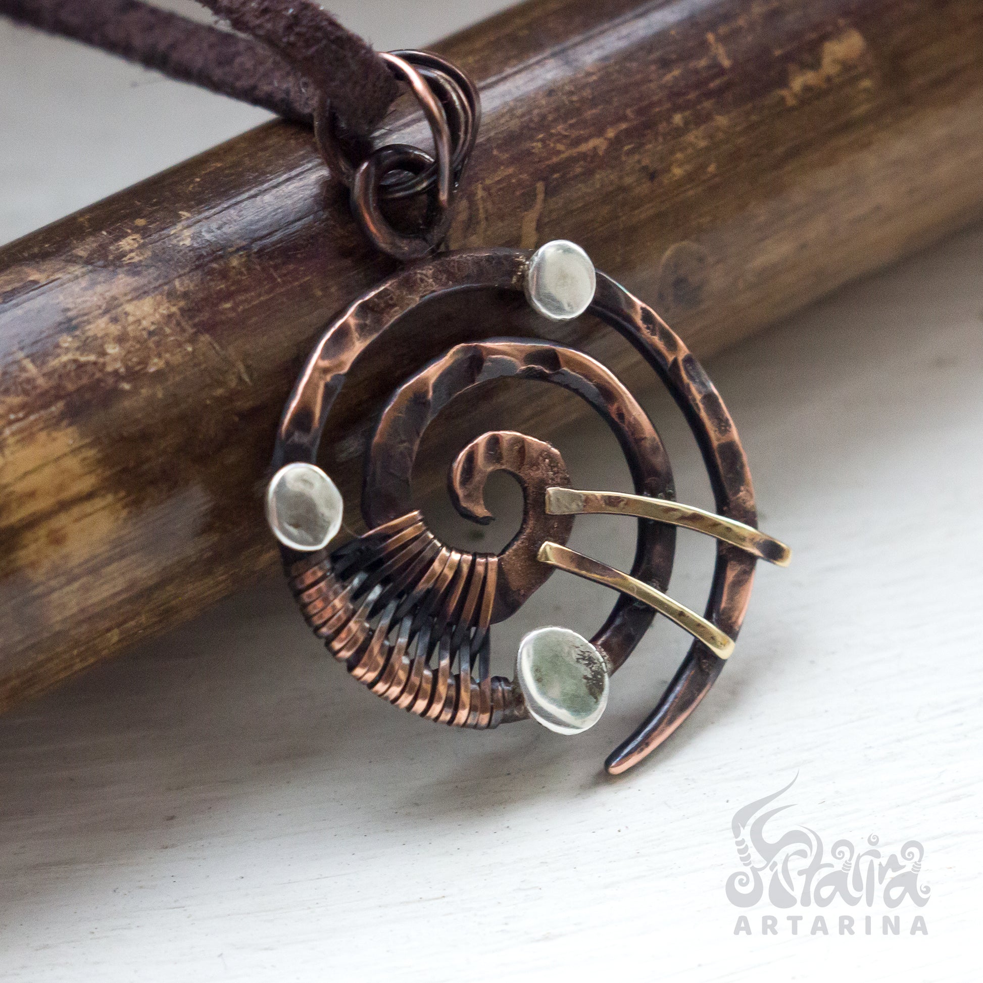 Industrial style wirework mix metals spiral pendant pic 1