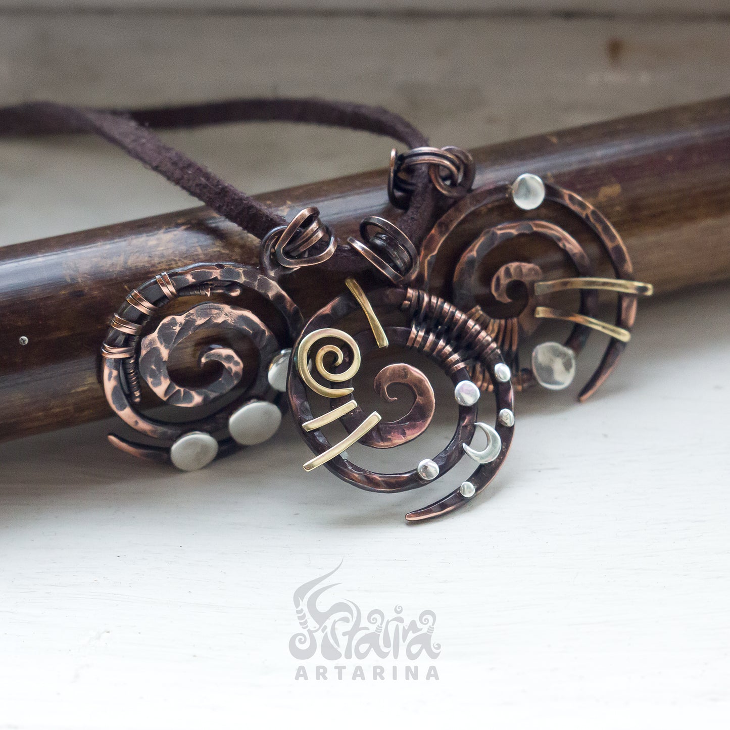 Sun and Moon wire wrapped spiral necklace