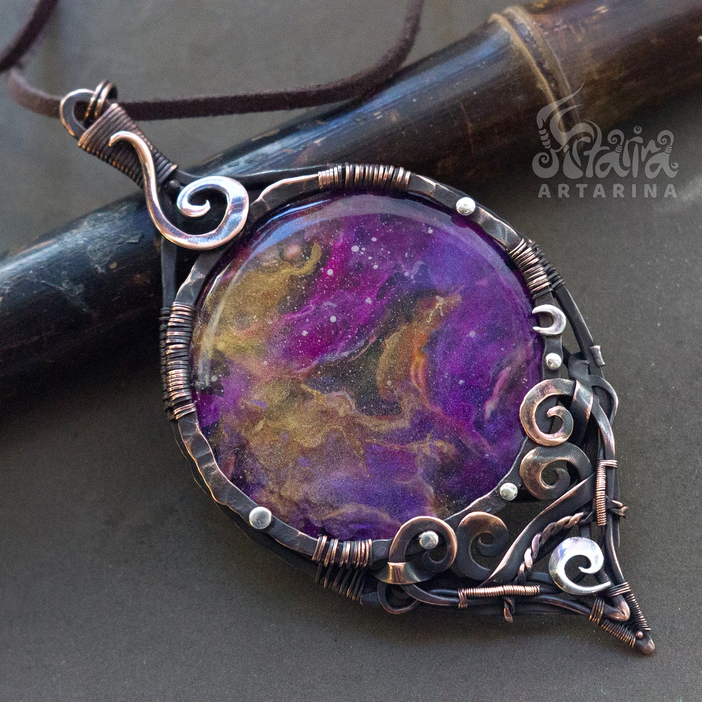 Handcrafted copper necklace featuring a stunning resin cabochon hand-painted to resemble a mesmerizing purple nebula in space pic 2