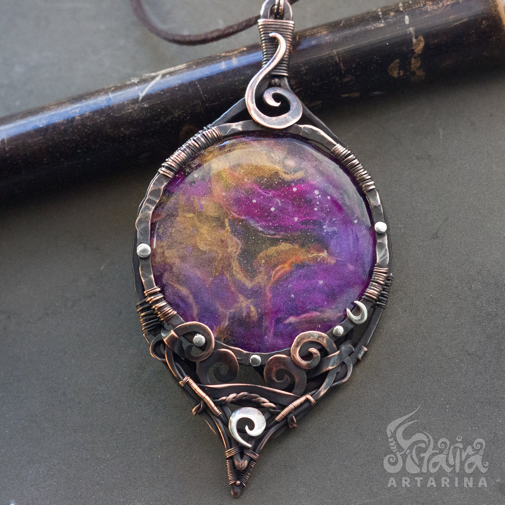 Handcrafted copper necklace featuring a stunning resin cabochon hand-painted to resemble a mesmerizing purple nebula in space pic 3