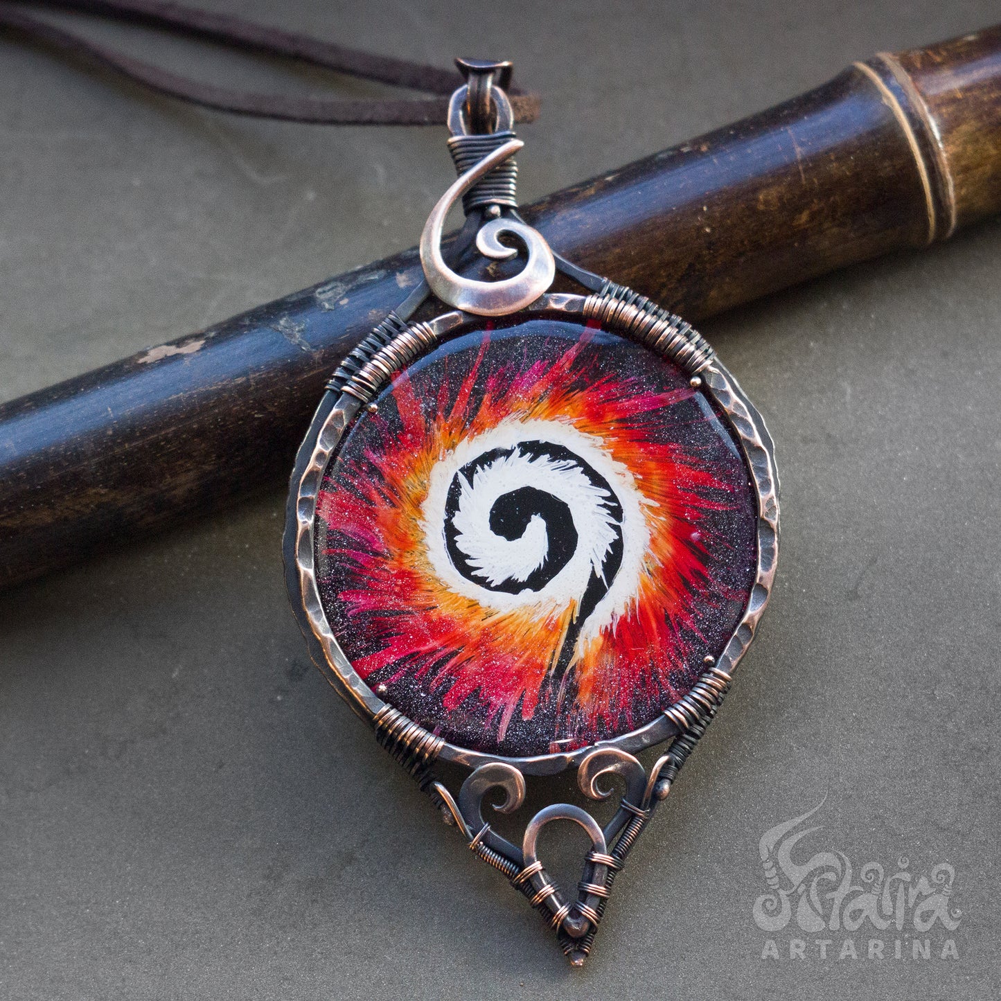 Large, bold round necklace with unique handmade design, featuring a painted cabochon with a white burning spiral pattern for a celestial and elegant look pic 2