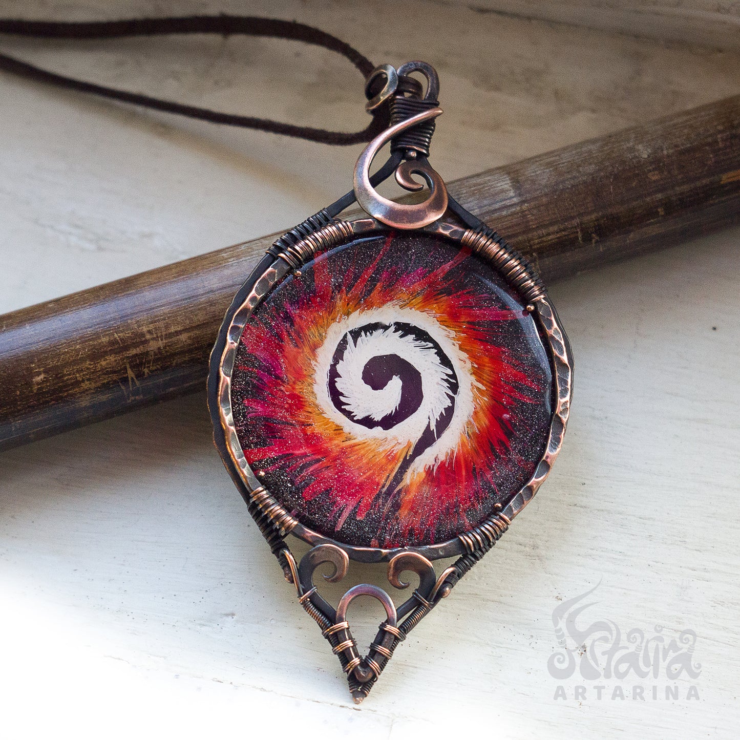 Large, bold round necklace with unique handmade design, featuring a painted cabochon with a white burning spiral pattern for a celestial and elegant look pic 4