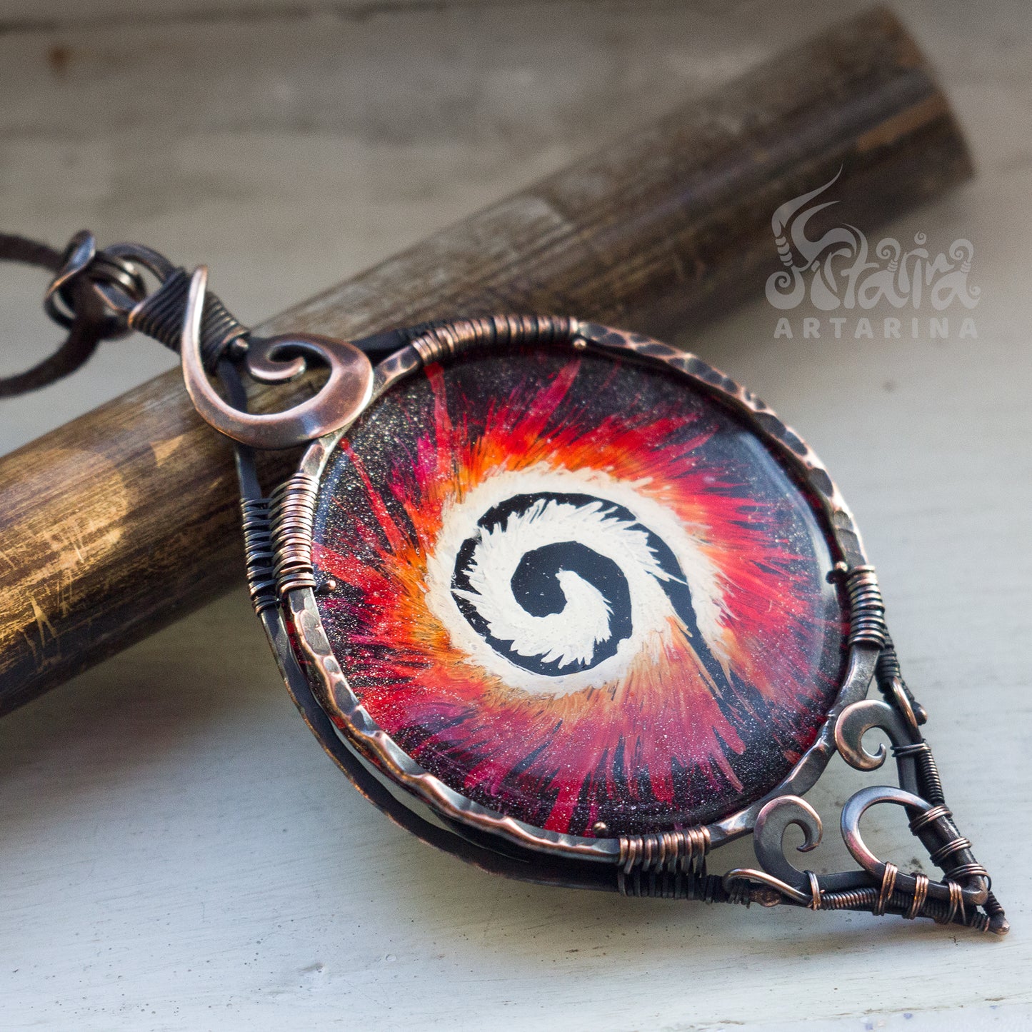 Large, bold round necklace with unique handmade design, featuring a painted cabochon with a white burning spiral pattern for a celestial and elegant look pic 5