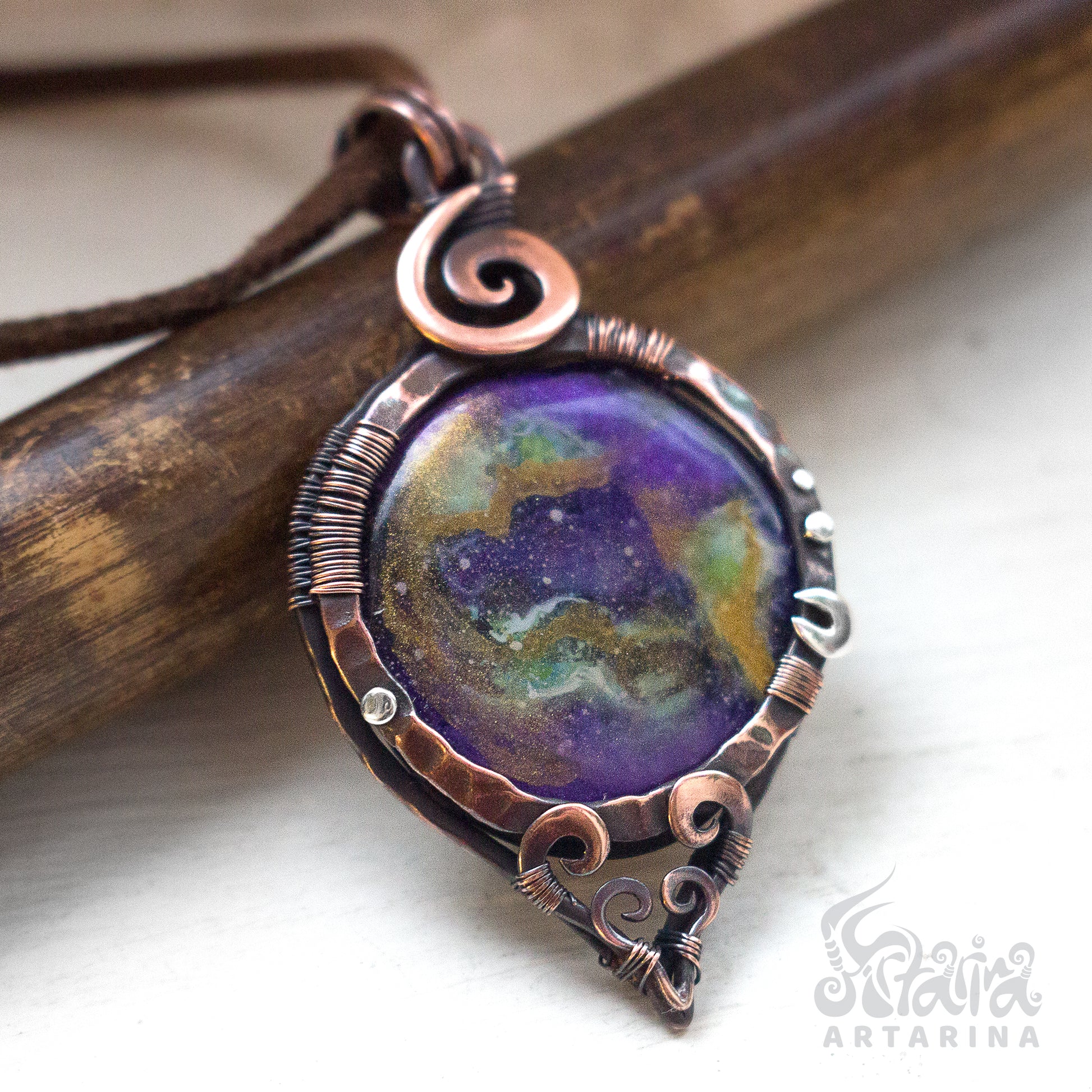 Handcrafted lightweight purple nebula pendant, intricately painted by hand for a cosmic and elegant look, offering a unique celestial touch to your jewelry collection pic 2