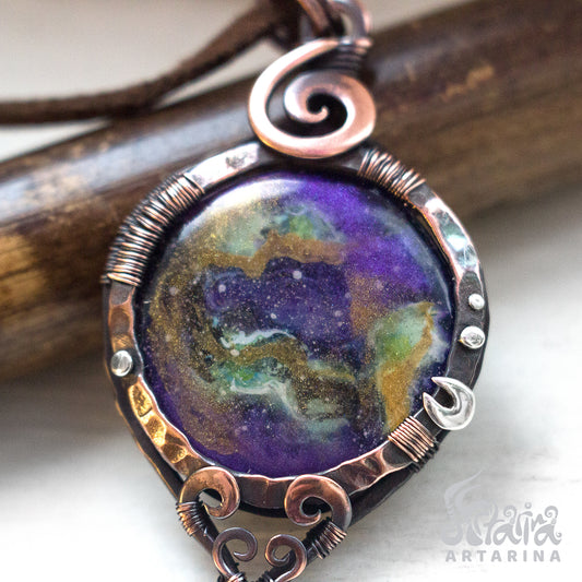 Handcrafted lightweight purple nebula pendant, intricately painted by hand for a cosmic and elegant look, offering a unique celestial touch to your jewelry collection pic 1
