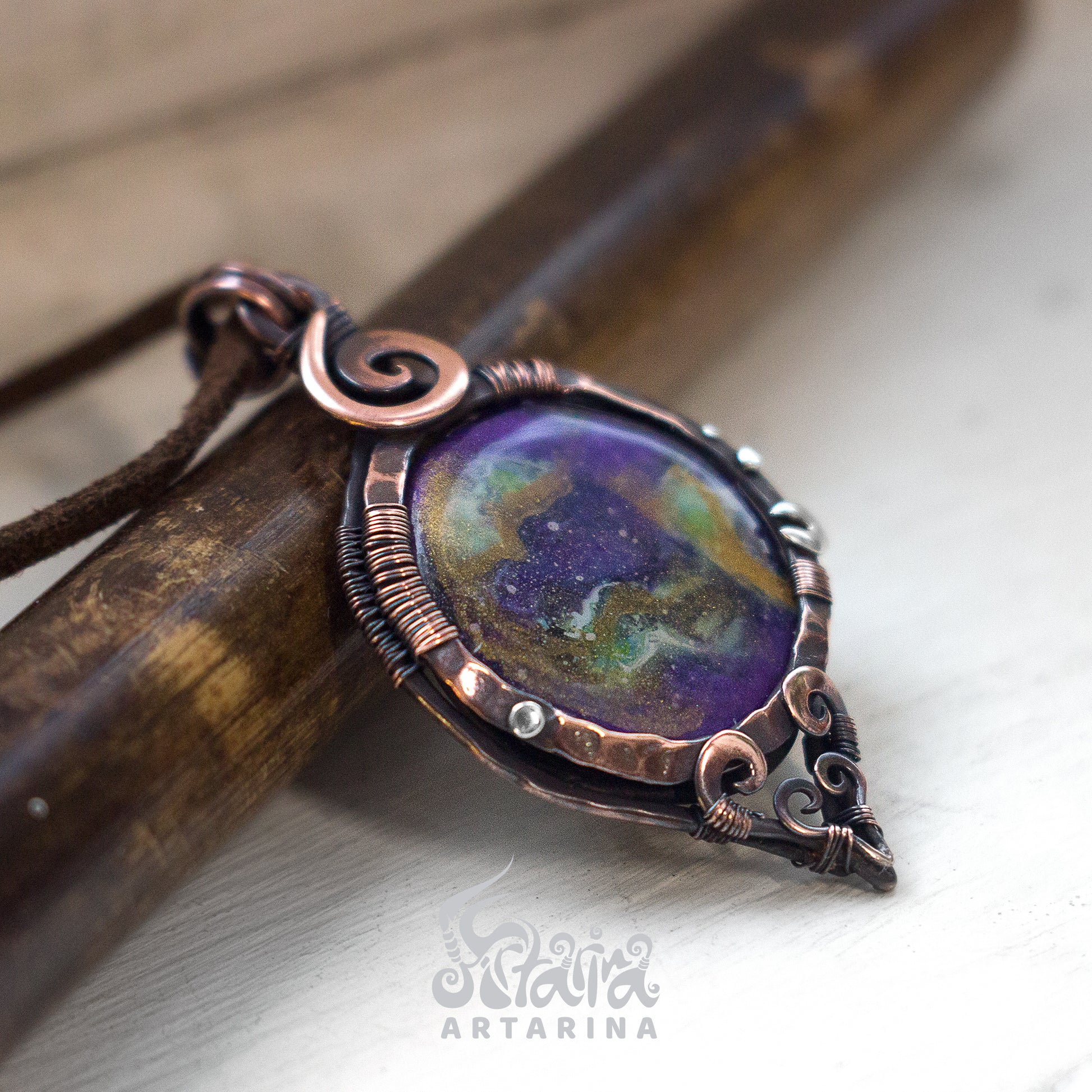 Handcrafted lightweight purple nebula pendant, intricately painted by hand for a cosmic and elegant look, offering a unique celestial touch to your jewelry collection pic 3