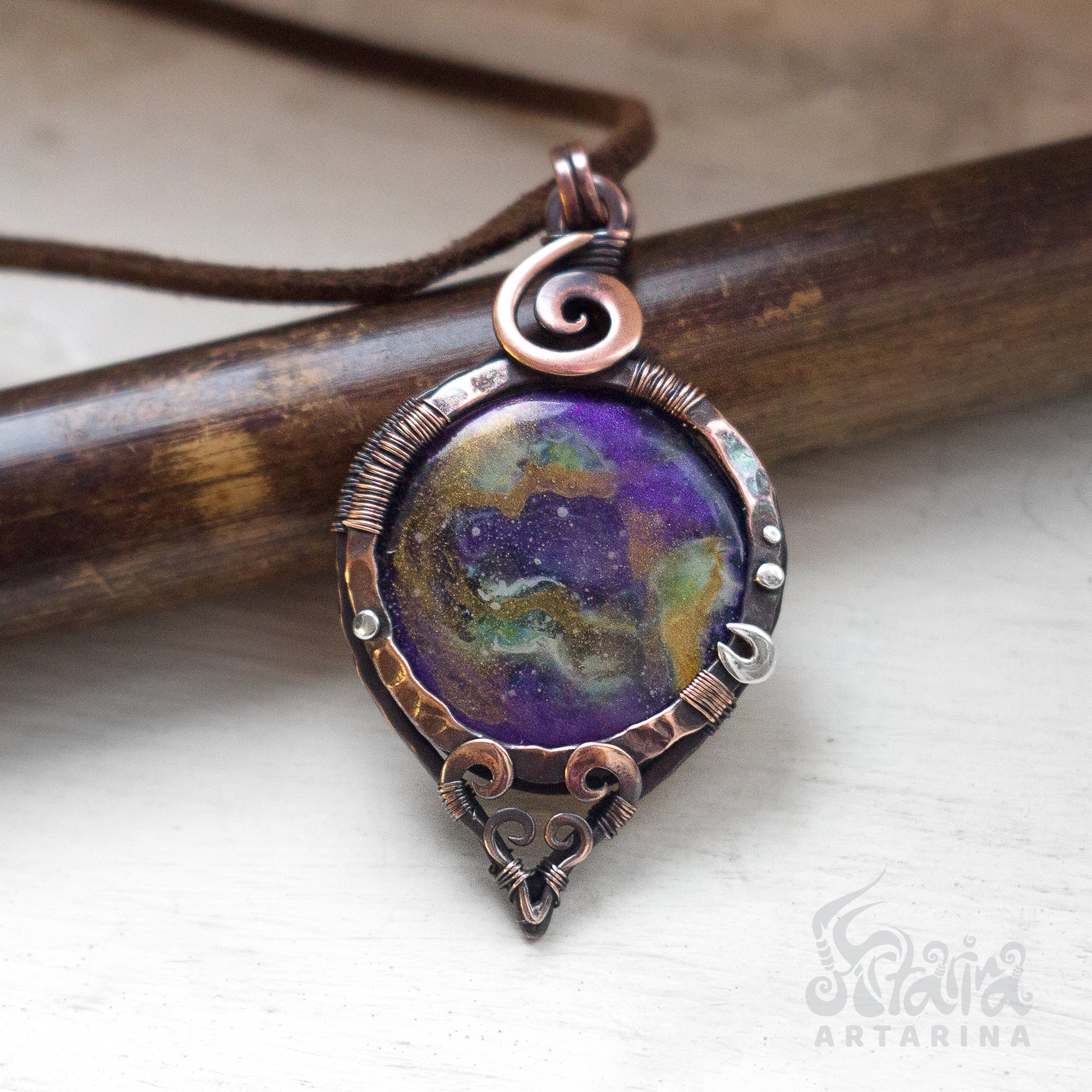 Handcrafted lightweight purple nebula pendant, intricately painted by hand for a cosmic and elegant look, offering a unique celestial touch to your jewelry collection pic 4