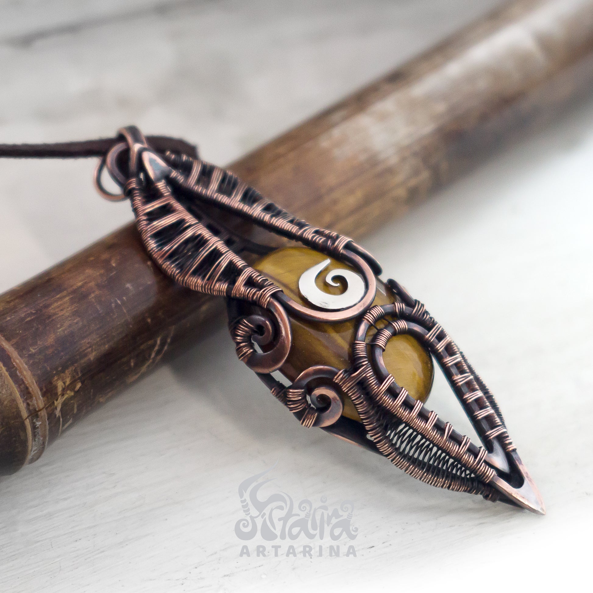 Handmade copper wire-wrapped necklace with a unique Tiger's Eye stone pendant pic 3