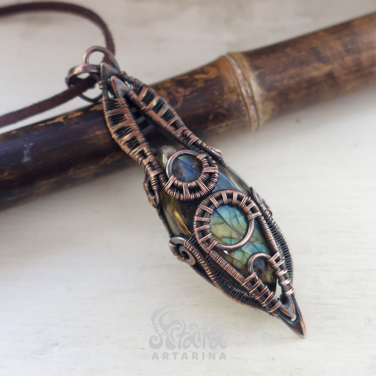 Long wire wrapped necklace pendant with labradorite